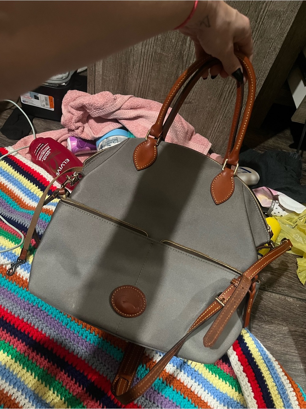 Dooney & Bourke Gray Canvas Tote with Brown Leather Trim